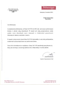 List referencyjny Bank Millennium S.A. dla Biura Aktuarialnego Factum – wycena aktuarialna rezerw pracowniczych