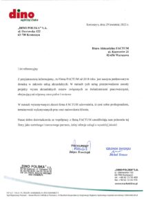 List referencyjny Dino Polska S.A. dla Biura Aktuarialnego Factum – wycena aktuarialna rezerw pracowniczych