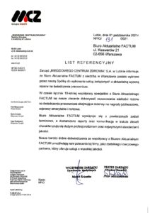 List referencyjny Miedziowe Centrum Zdrowia S.A. (Grupa KGHM) dla Biura Aktuarialnego Factum – wycena aktuarialna rezerw pracowniczych