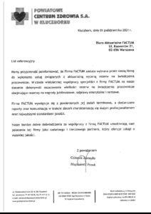 List referencyjny Powiatowe Centrum Zdrowia S.A. w Kluczborku dla Biura Aktuarialnego Factum – wycena aktuarialna rezerw pracowniczych