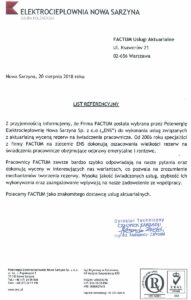 List referencyjny Polenergia Elektrociepłownia Nowa Sarzyna Sp. z o.o. dla Biura Aktuarialnego Factum – wycena aktuarialna rezerw pracowniczych