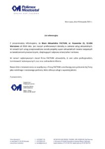 List referencyjny Polimex Mostostal S.A. dla Biura Aktuarialnego Factum – wycena aktuarialna rezerw pracowniczych