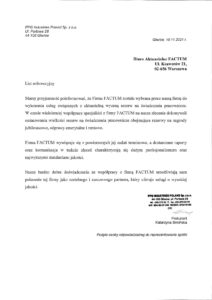 List referencyjny PPG Industries Poland Sp. z o.o. dla Biura Aktuarialnego Factum – wycena aktuarialna rezerw pracowniczych
