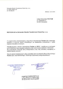 List referencyjny Schneider Electric Transformers Poland Sp. z o.o. dla Biura Aktuarialnego Factum – wycena aktuarialna rezerw pracowniczych