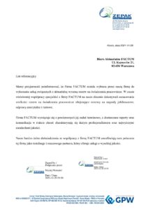 List referencyjny ZE PAK SA dla Biura Aktuarialnego Factum – wycena aktuarialna rezerw pracowniczych